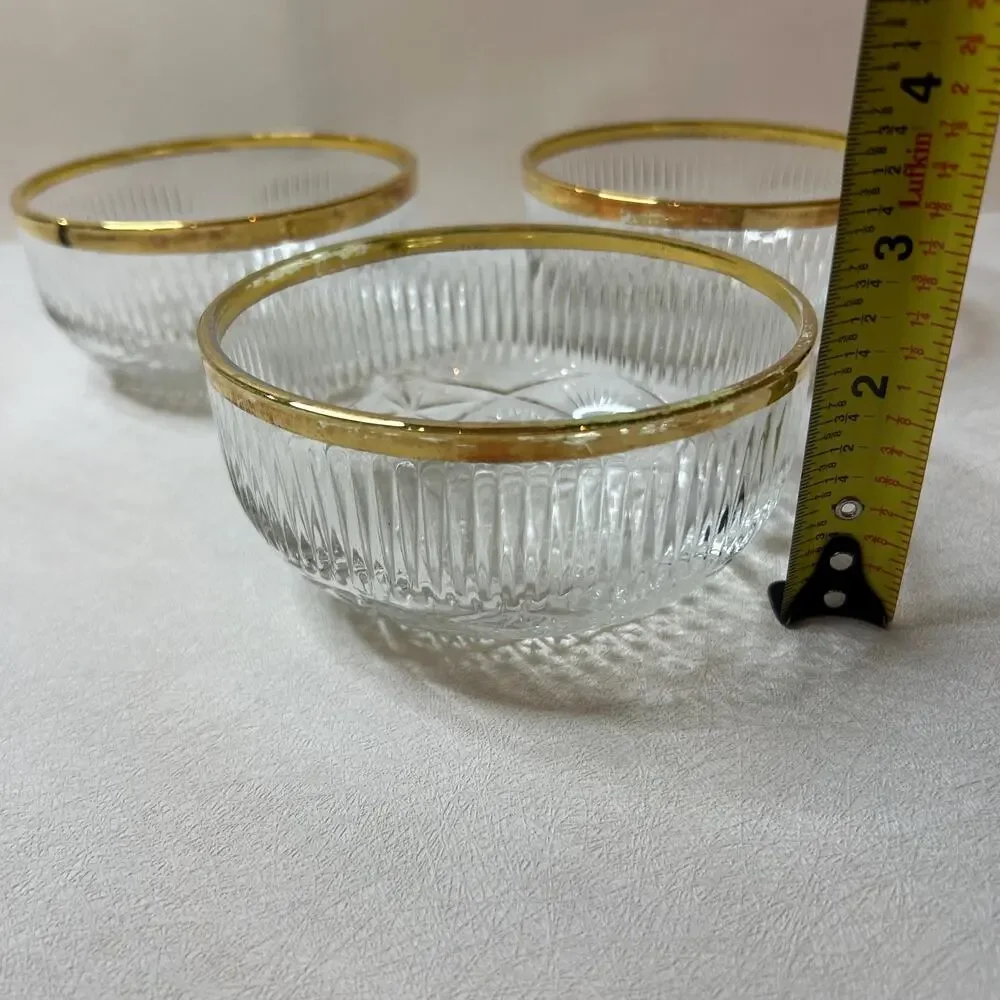 Vintage Italian Blown Crystal Dessert Bowls 24K Gold Trim - Set of 3